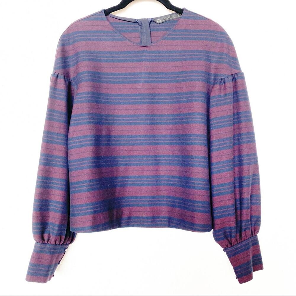 Zara Maroon Navy Stripe Bubble Sleeve Top Size Large